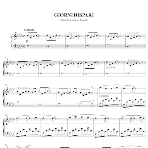 Può includere: Partitura per pianoforte per un brano intitolato "Giorni Dispari" di Ludovico Einaudi. La musica è scritta in chiave di sol e in 4/4. Il brano è in tempo lento ed è contrassegnato da "Andante".