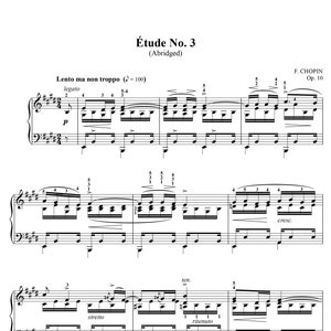 以下が含まれることがあります： ショパンのエチュード第3番、作品10の楽譜。タイトル「Étude No. 3 (Abridged)」が上部にあり、音符、休符、ダイナミクス記号が含まれています。著作権2018 Mark Reeves。