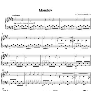 Monday by Ludovico Einaudi, Sheet Music for Piano Solo, Intermediate Level, Instant Printable PDF Sheet Music Download, Piano Music Sheets