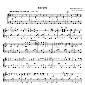 Puede incluir: Partitura de la canción "Dreams" de Stevie Nicks. La partitura musical en blanco y negro presenta notación de clave de sol y de fa, con el título en la parte superior. El tempo se indica como moderado con un compás de 120.