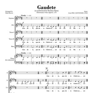 以下が含まれることがあります： 伝統的なクリスマスキャロル「ガウデテ」の楽譜で、ソプラノ、アルト、テノール1、テノール2、バスの5声部で編曲されています。音楽はCメジャーで書かれており、4/4拍子です。テンポは「Lively」と記され、1分間に102拍です。歌詞はラテン語で、曲のタイトルは「Gaudete」です。