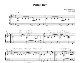 Perfect Day by Lou Reed, Sheet Music, arranged for Piano Solo, Digital PDF Instant Printable Download