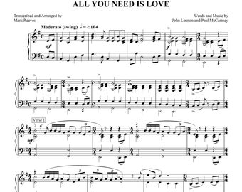 All You Need Is Love by The Beatles, Sheet Music Arranged for Intermediate Piano Solo, Printable PDF Instant Digital Download Music Sheets