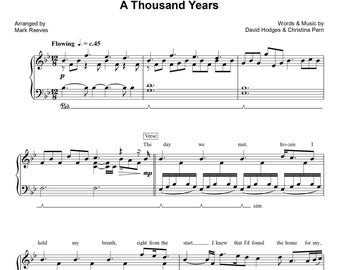 A Thousand Years by Christina Perri Sheet Music arranged for Intermediate Piano Solo with Lyrics, Printable PDF Instant Digital Download