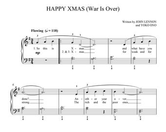 Happy Xmas (War Is Over) by John Lennon arranged for Easy Piano Solo, Christmas Sheet Music, Printable Music Sheets, Digital Download