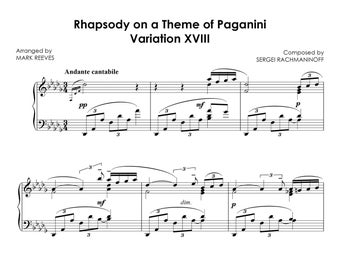 Rhapsody on a Theme of Paganini Op. 43 Variation No. 18 by Sergei Rachmaninov for Piano Solo, Instant Printable PDF Sheet Music Download