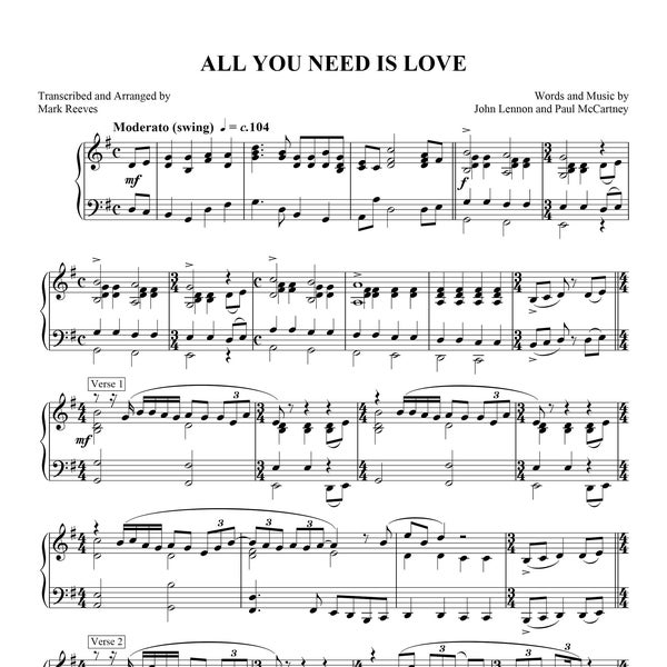 All You Need Is Love by The Beatles, Sheet Music Arranged for Intermediate Piano Solo, Printable PDF Instant Digital Download Music Sheets