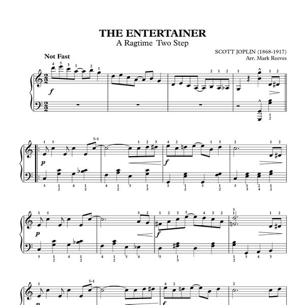 The Entertainer by Scott Joplin, Sheet Music, Complete Piano Rag arranged for Intermediate Piano, Instant Printable PDF Download