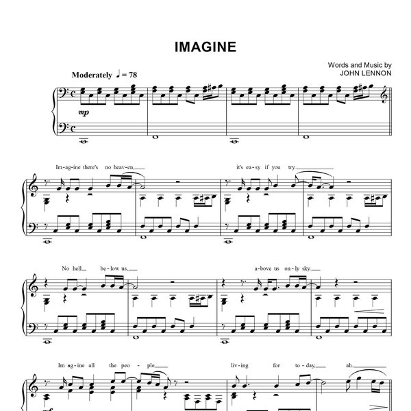 Imagine by John Lennon, Sheet Music, arranged for Piano Solo, Digital PDF Instant Printable Download