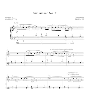 Gnossienne No. 3 by Erik Satie, Sheet Music arranged for Easy Piano Solo, Printable PDF Piano Music Sheets, Instant Digital Download