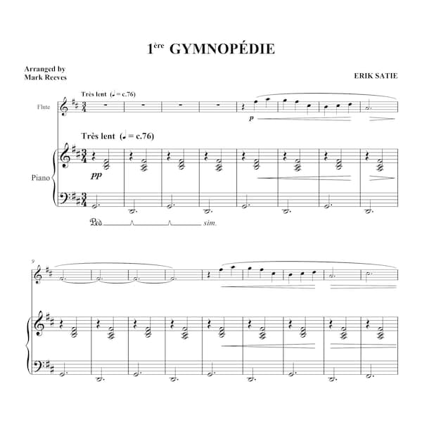 Trois Gymnopédies by Erik Satie, Sheet Music arranged for Flute and Piano, Printable PDF Instant Sheet Music Download