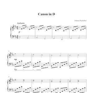 Könnte beinhalten: Notenblatt für Canon in D von Johann Pachelbel. Die Musik ist in D-Dur geschrieben und hat einen 4/4-Takt. Die Musik ist für Klavier und enthält die Wörter "Andante", "mp", "simile" und "legato".