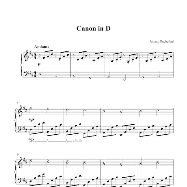 Kanon in D von Pachelbel, Klavier Solo Arrangement, vereinfachte gekürzte Version, Grundkenntnisse, druckbare Noten PDF zum Herunterladen