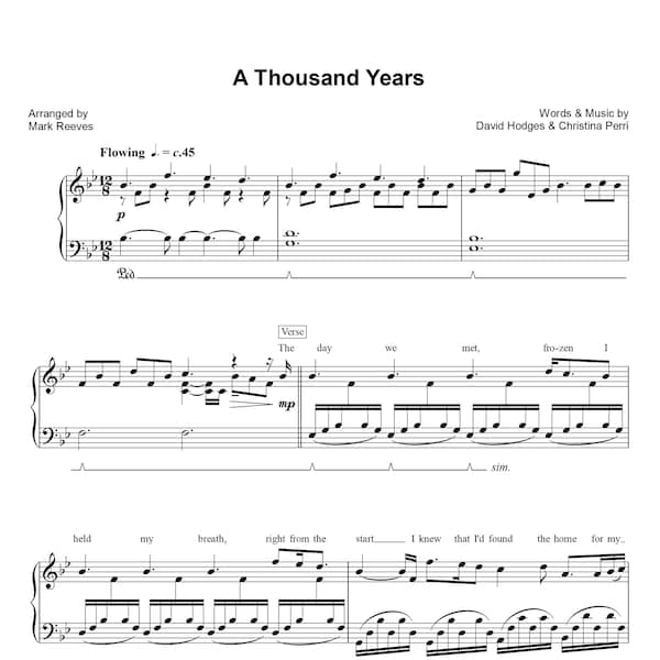 A Thousand Years von Christina Perri Noten arrangiert für Fortgeschrittene Klavier Solo mit Text, Printable PDF Sofort Digitaler Download