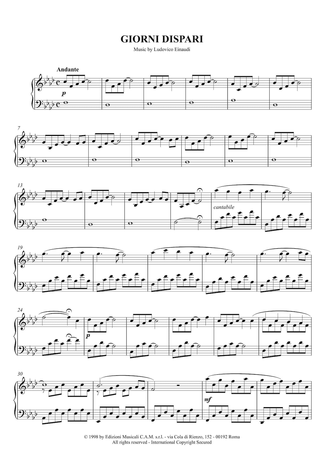 Giorni Dispari Piano Sheet Music by Ludovico Einaudi (printable PDF) - Etsy