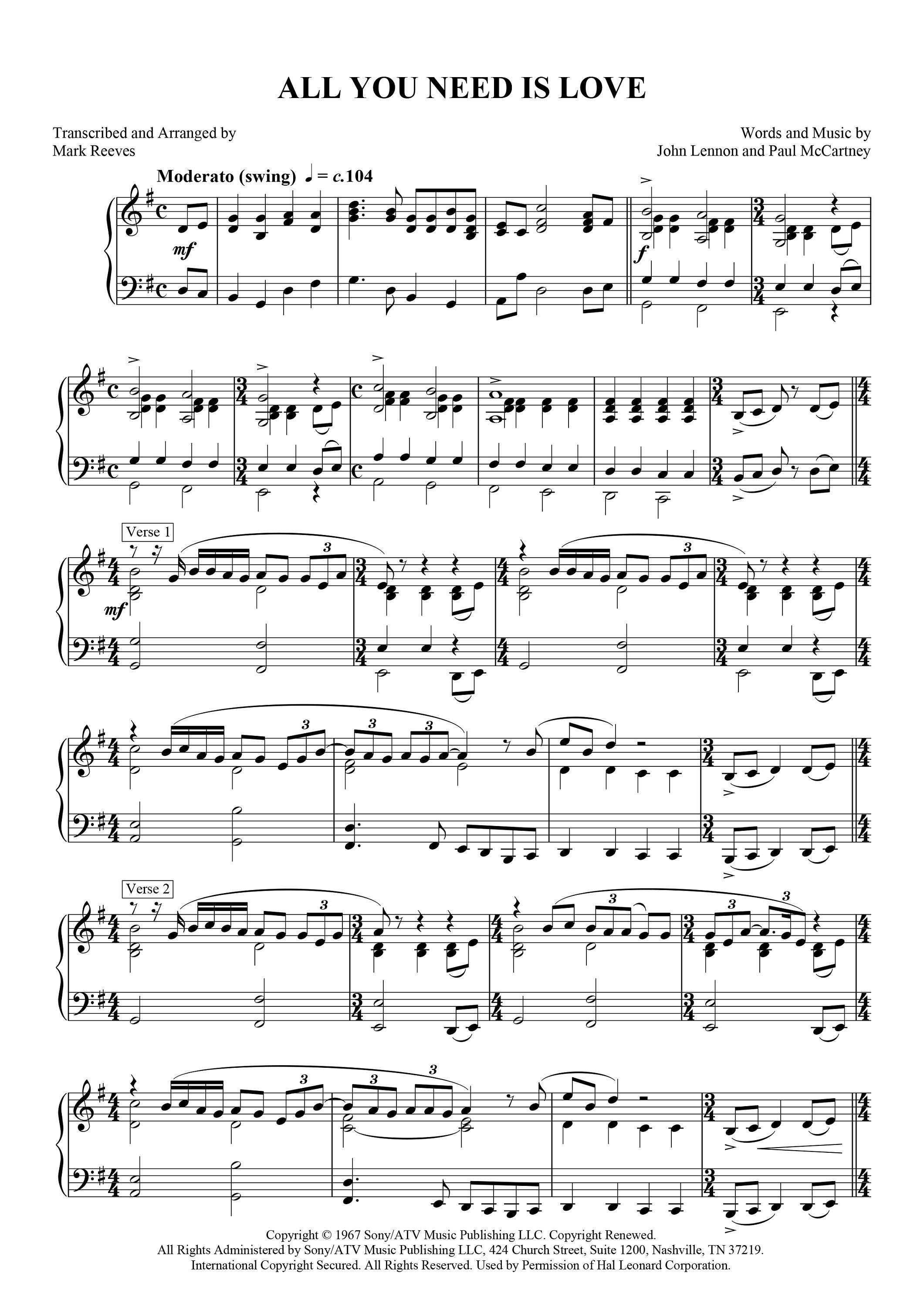 The Beatles - All You Need is Love: Intermediate Piano Sheet Music