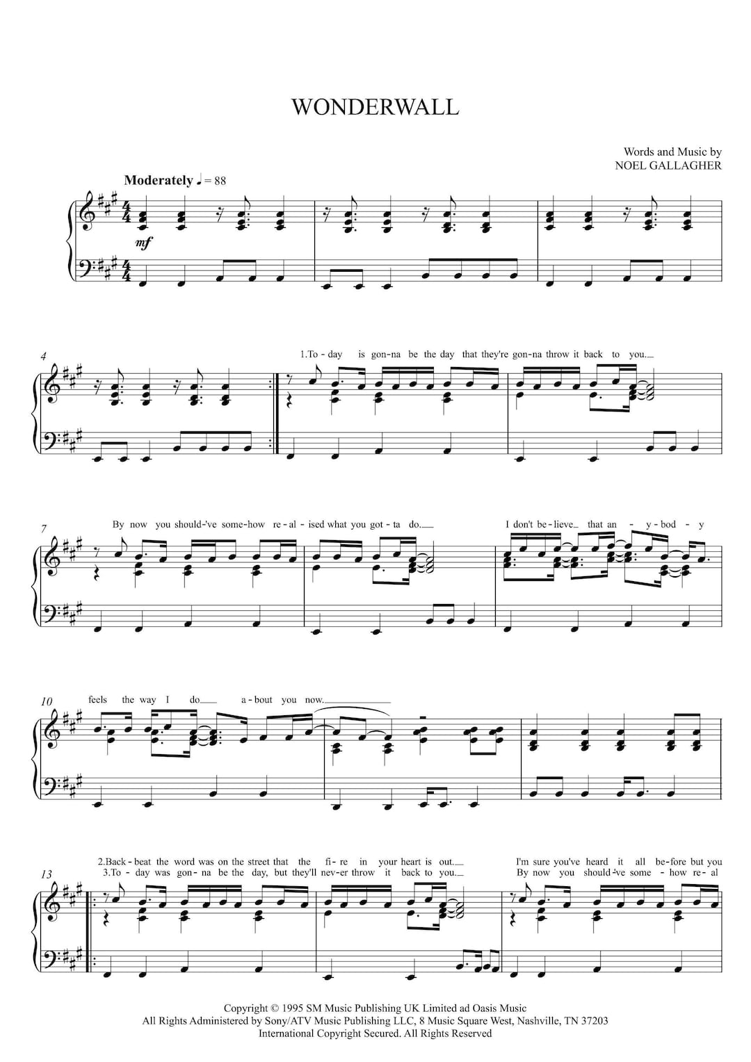 Wonderwall Oasis Piano Sheet Music With Lyrics (digital PDF) - Etsy