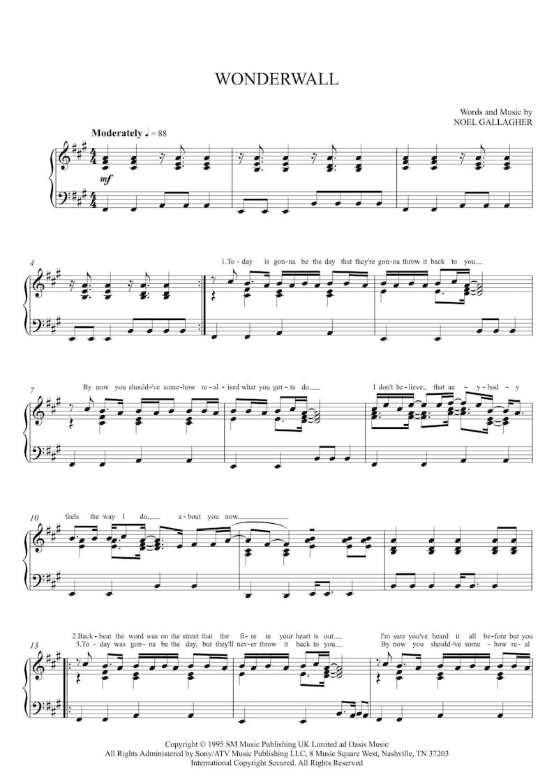 Wonderwall Oasis Piano Sheet Music With Lyrics (digital PDF) - Etsy