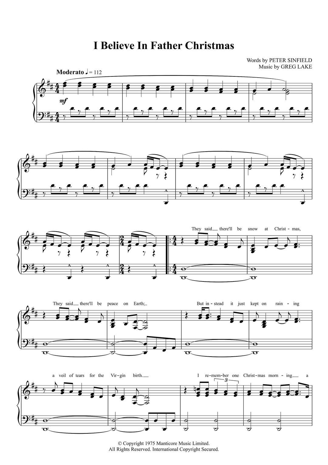 I Believe in Father Christmas by Greg Lake Christmas Sheet Etsy