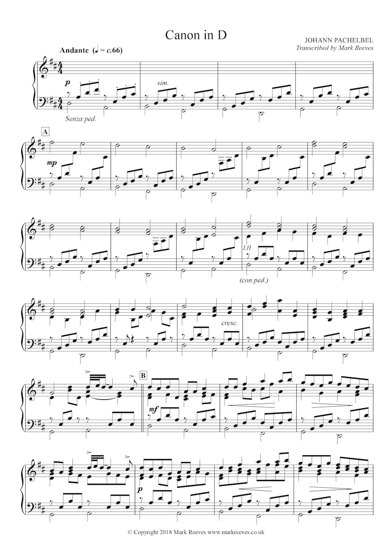 Canon in D Piano Sheet Music: Pachelbel Transcription (PDF Download) - Etsy
