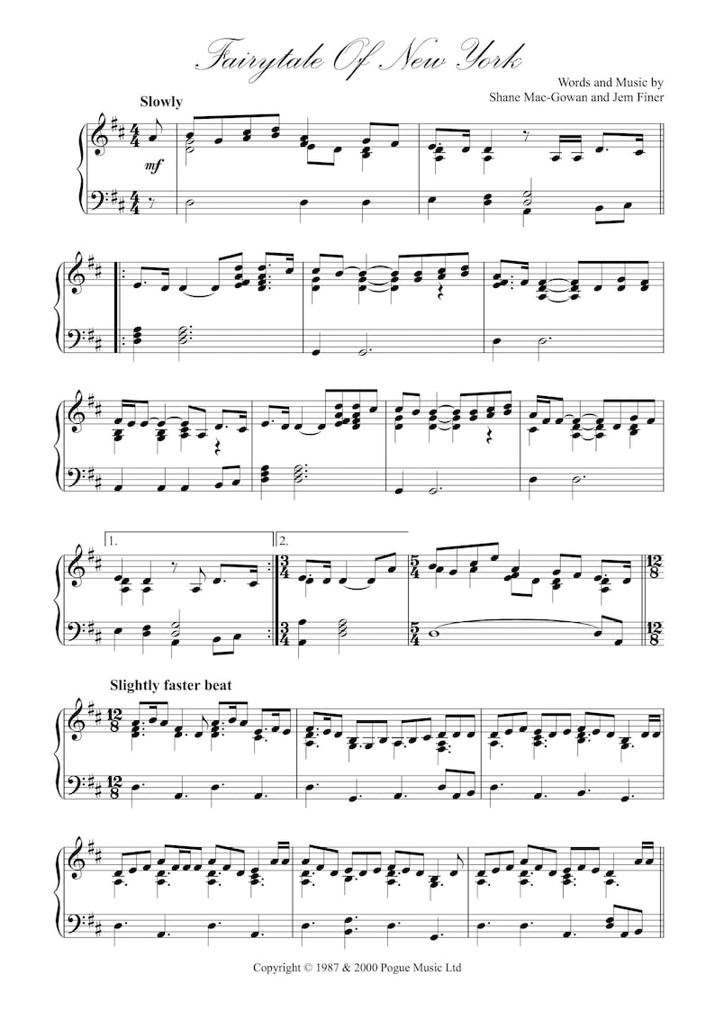 Fairytale of New York by the Pogues, Sheet Music for Piano Solo