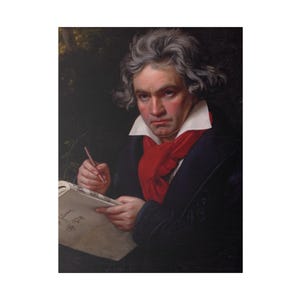 May include: A portrait painting of a man with gray hair, wearing a white collared shirt, a red scarf, and a dark blue jacket. He is holding a piece of paper and a pen in his right hand. The paper has musical notes written on it.