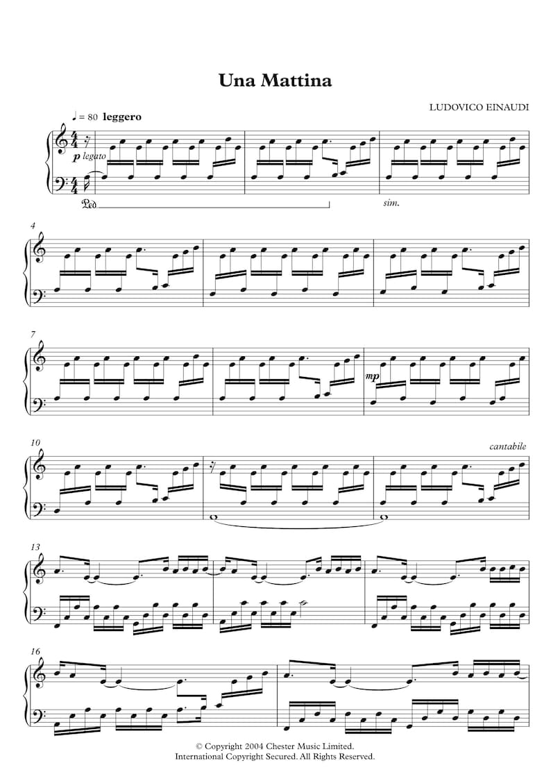 Page one of Una Mattina by Ludovico Einaudi, Sheet Music for Piano, Intermediate Level, Instant Printable PDF Sheet Music Download, Piano Music Sheets