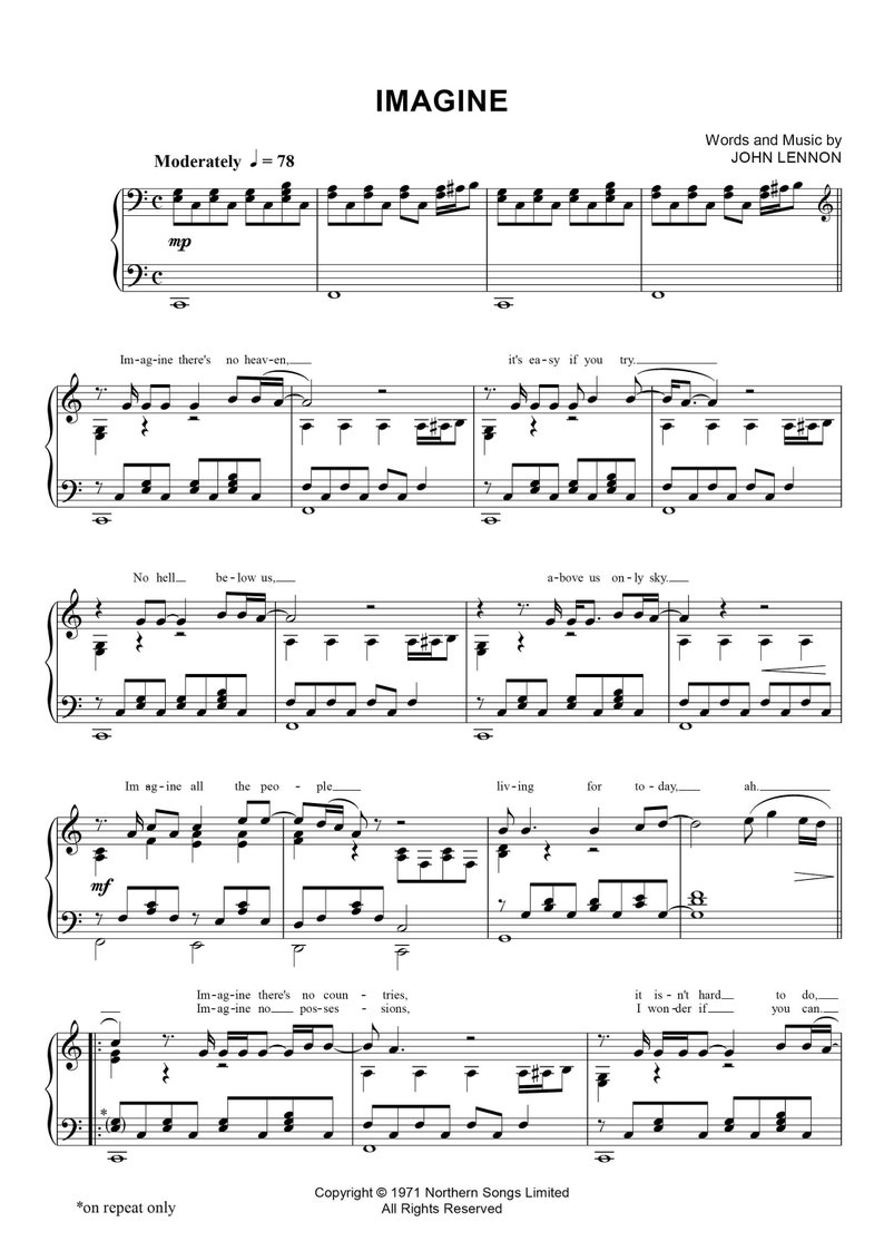 Imagine by John Lennon, Sheet Music, Arranged for Piano Solo, Digital