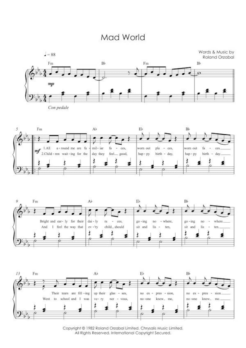 Mad World Piano Sheet Music