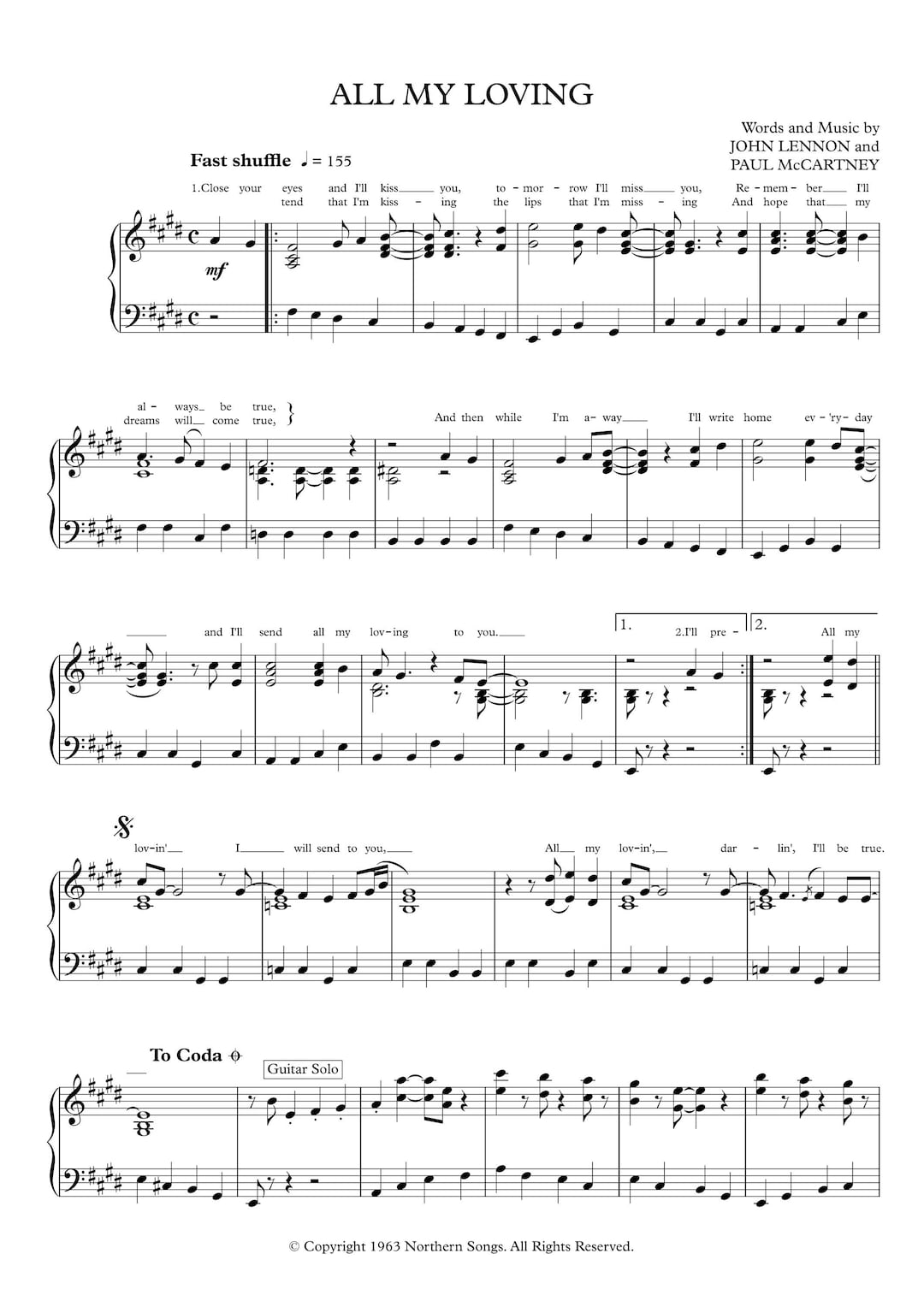 The Beatles - All My Loving: Intermediate Piano Sheet Music