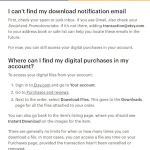 Puede incluir: Una captura de pantalla de una p&aacute;gina de ayuda en Etsy.com, que explica c&oacute;mo encontrar tus compras digitales en tu cuenta. La p&aacute;gina incluye instrucciones sobre c&oacute;mo acceder a tus archivos digitales, incluyendo iniciar sesi&oacute;n en Etsy.com, ir a tu cuenta y seleccionar "Descargar archivos".