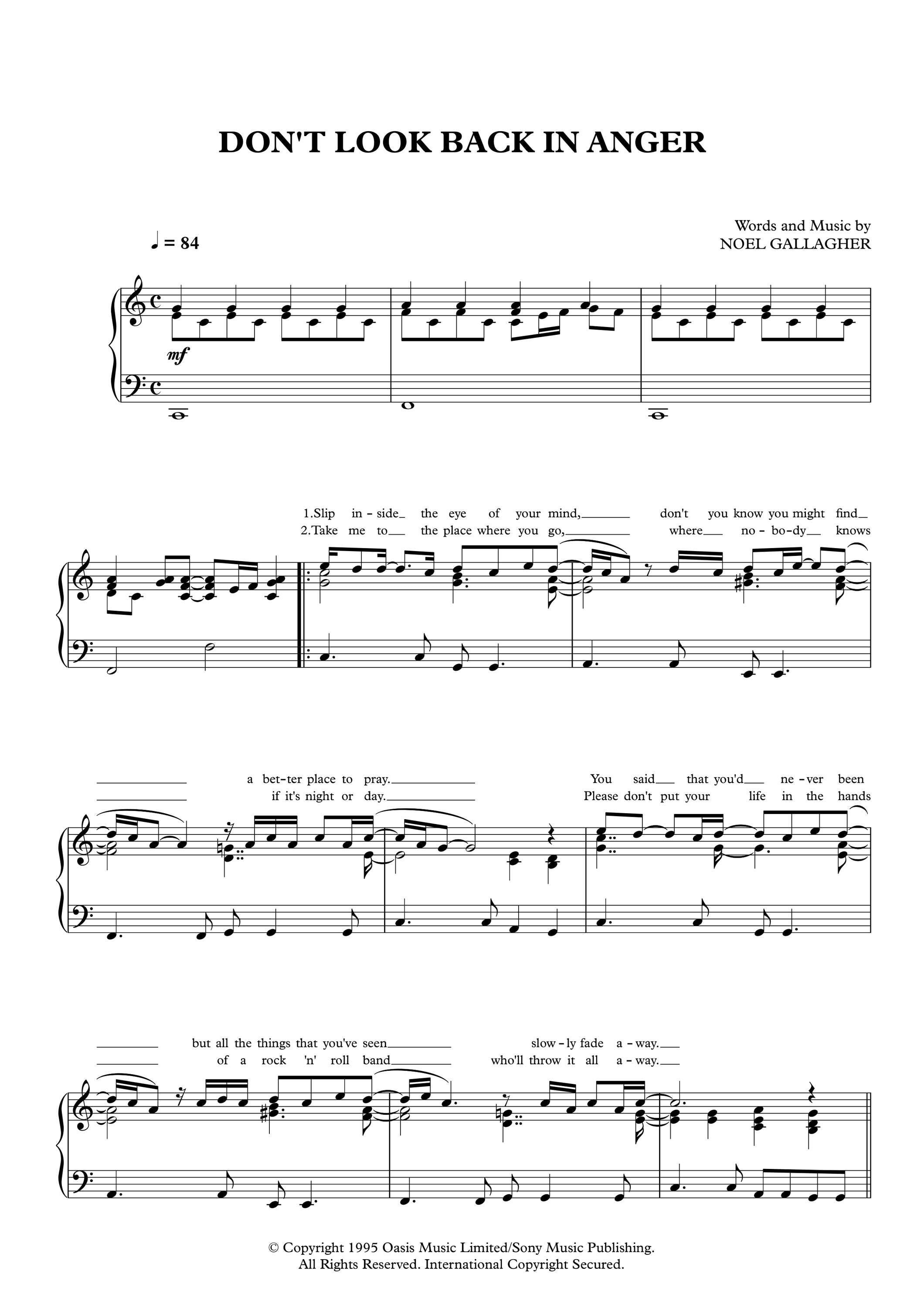 オアシス - ドント・ルック・バック・イン・アンガー、ピアノソロ楽譜