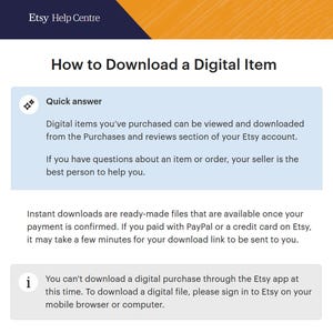 Puede incluir: Una captura de pantalla de una p&aacute;gina de ayuda en Etsy.com, titulada "C&oacute;mo descargar un art&iacute;culo digital". La p&aacute;gina proporciona instrucciones sobre c&oacute;mo descargar art&iacute;culos digitales comprados en Etsy. La p&aacute;gina tambi&eacute;n indica que los art&iacute;culos digitales se pueden descargar desde la secci&oacute;n Compras y rese&ntilde;as de la cuenta de Etsy.