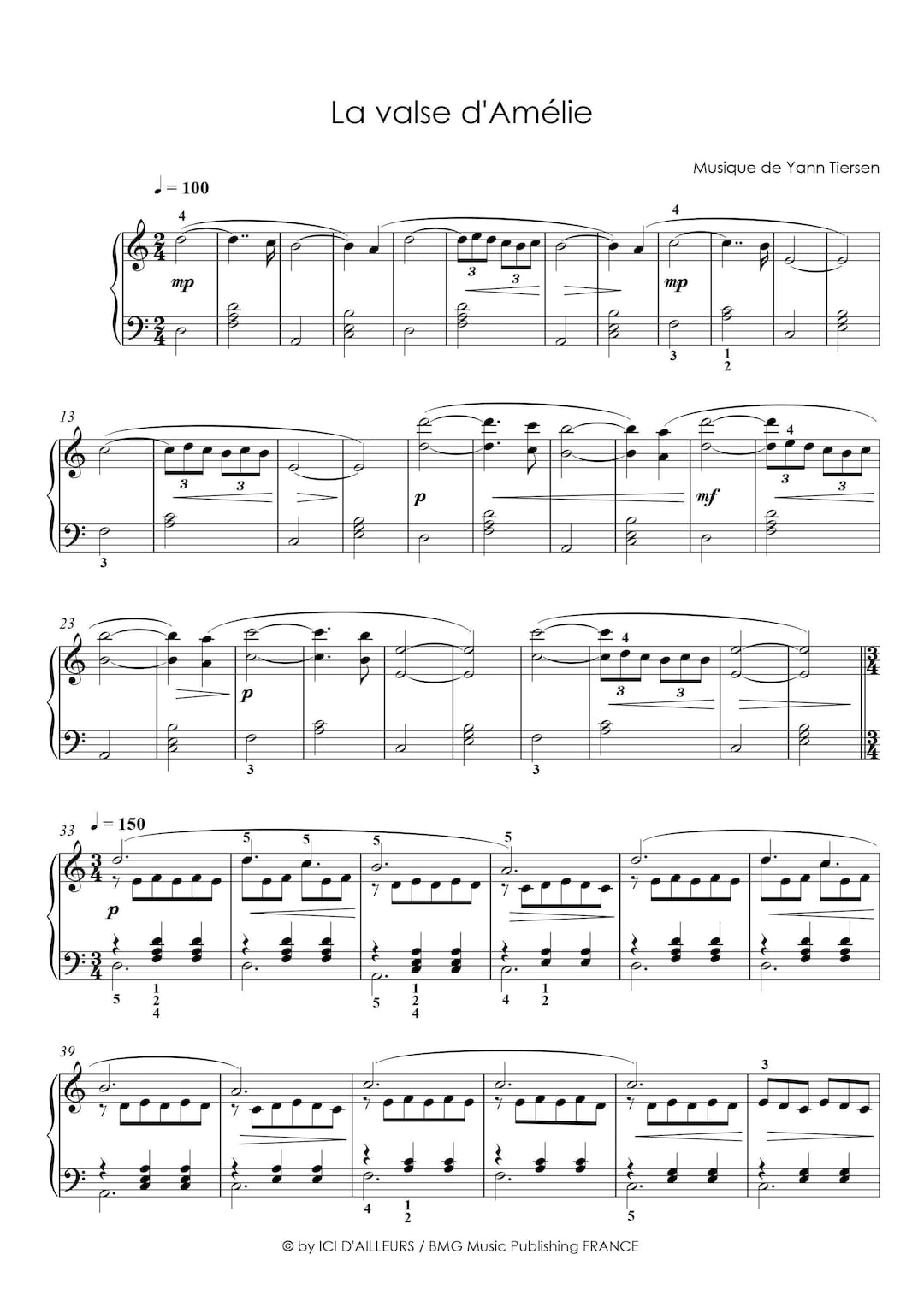ヤン・ティルセン作曲「アメリのワルツ」、ピアノソロ楽譜、中級
