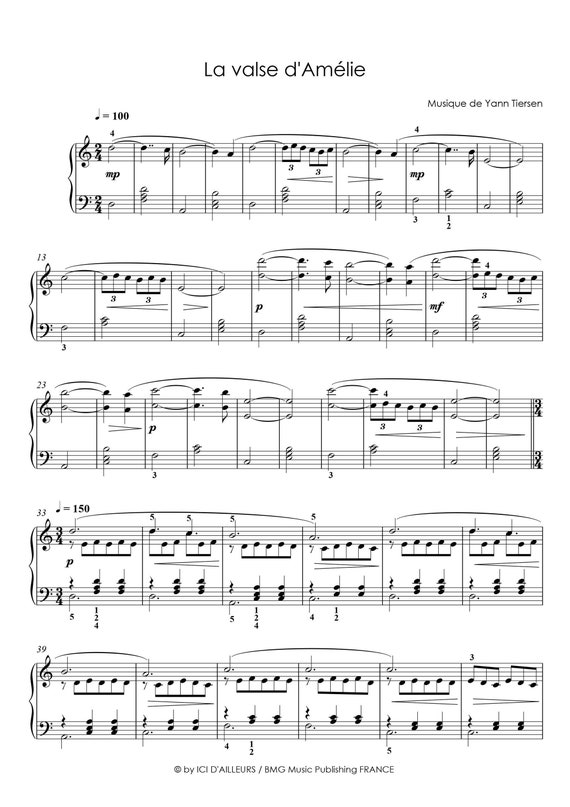 ヤン・ティルセン作曲「アメリのワルツ」、ピアノソロ楽譜、中級
