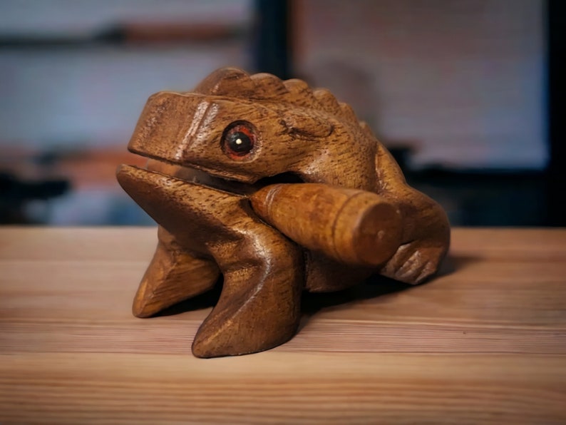 Handmade Wooden Frog Guiro With Scraper, Teak Wood Instrument, Natural