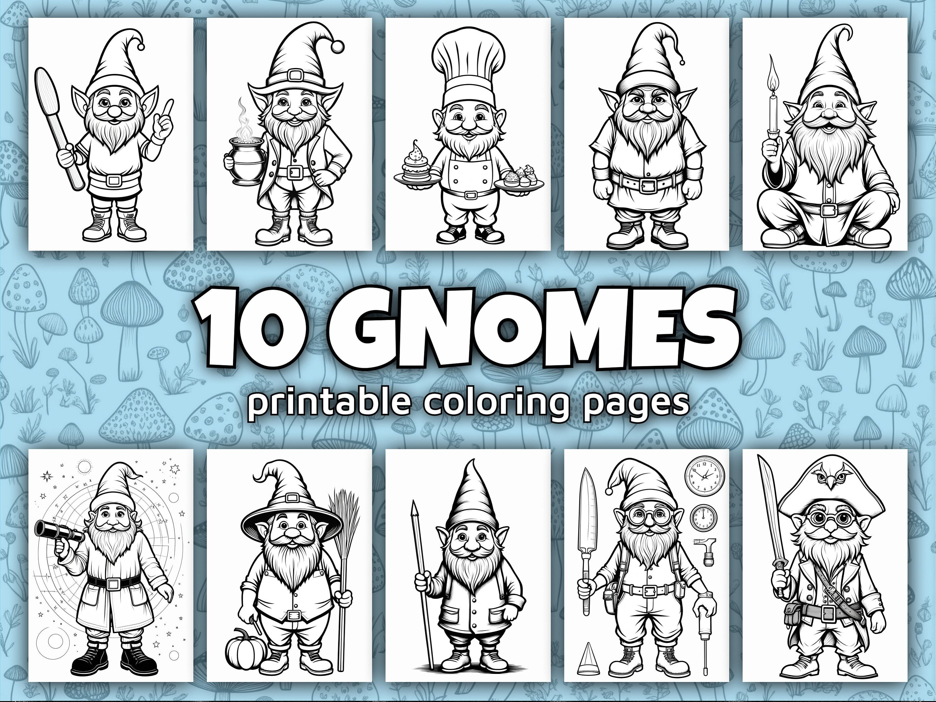 Whimsical Gnome Coloring Pages AI Art, Printable Gnomes, Adult Coloring ...