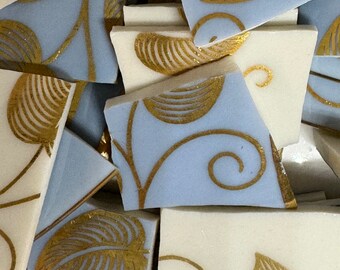 Light blue and gold mosiac tiles (75 pieces ) / china pieces / repurposed broken dishes / mosaic supplies