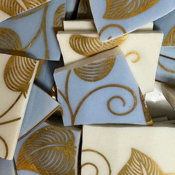 Light blue and gold mosiac tiles (75 pieces ) / china pieces / repurposed broken dishes / mosaic supplies