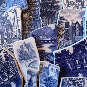 ALL BLUES 3”-5” hand-cut chards Tumbled Pottery vintage china, pottery for crafting, and mosaics. Willow ware and Transferware blue scenes.