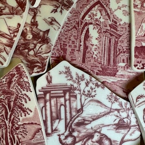 PREMIUM Tumbled Pottery shards vintage dishes, pottery for jewelry making, crafting, and mosaics. RED Transferware scenes. You pick! Set 9