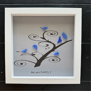 Beach glass bird family / beach glass art / sea glass art/ bird beach art / family gift /gift for friend/  in 8x8x1 Shadowbox