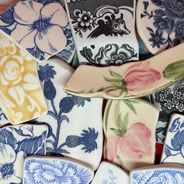 PREMIUM Large Florals Tumbled Pottery shards vintage china, pottery for jewelry making, crafting, and mosaics. You pick! Set 5