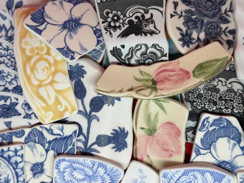 PREMIUM Large Florals Tumbled Pottery shards vintage china, pottery for jewelry making, crafting, and mosaics. You pick Set 5 image 1