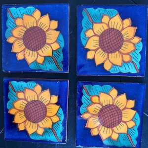 Talavera Tile SET of 4 SUNFLOWER Coasters /Mexican Tile coaster with cork backing/ sunflower lover gift