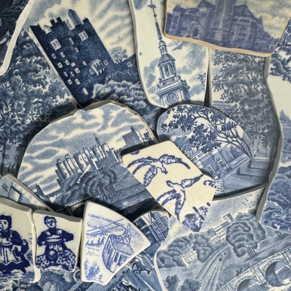 ALL BLUES set 2 Premium Tumbled Pottery shards vintage china, pottery for jewelry making, crafting, and mosaics. Willow ware blue scenes.