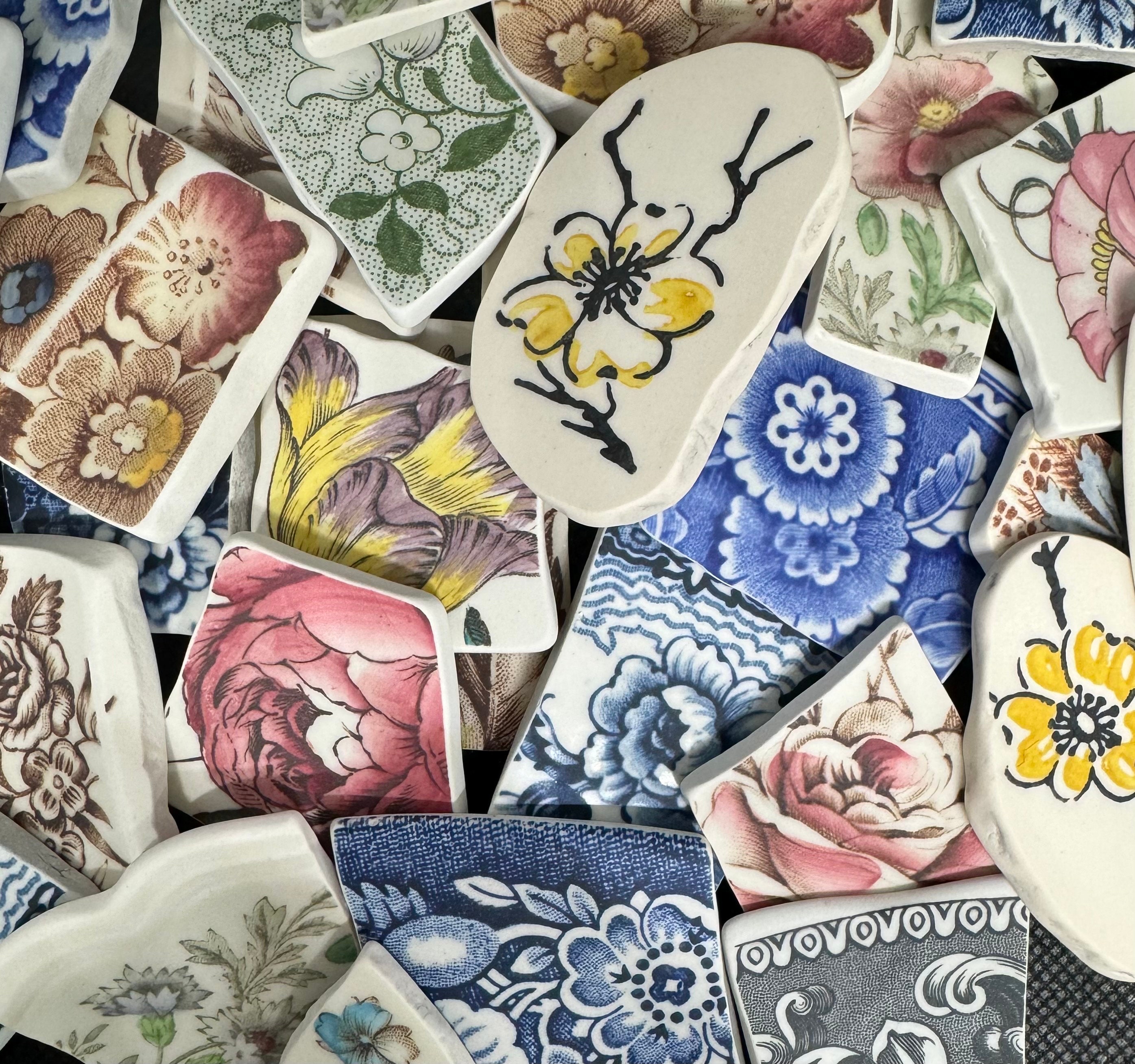 Floral Pottery Shards: Tumbled Vintage Tile Pieces for Jewelry, Mosaics 1"-2" pieces SET 1