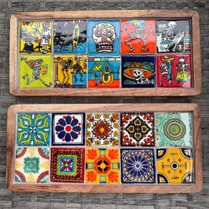 Tradycyjna lub na Dzień Zmarłych taca z płytek Talavera: Prostokątna taca z drewna akacjowego do dekoracji domu, na drobiazgi, świece, zdjęcia i nie tylko.
