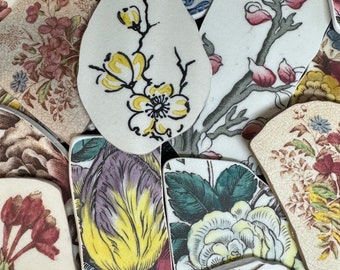 Large 2”-3” FLORALS hand cut Premium pieces. Vintage Tumbled Pottery shards for crafting, jewelry, and mosaics. You pick the ones you want!