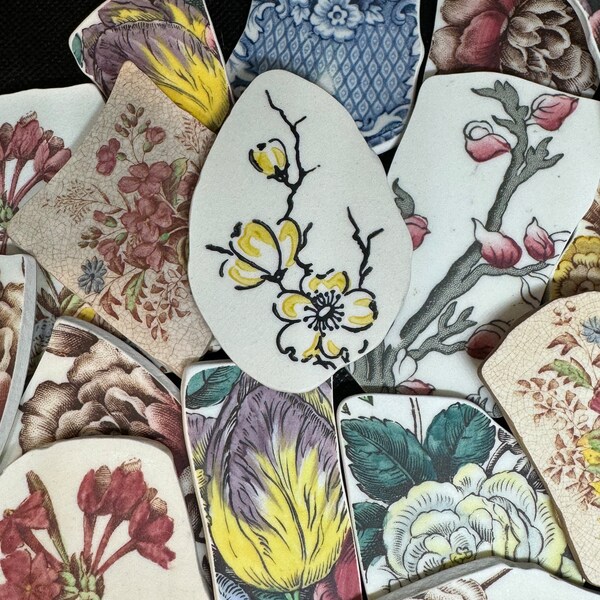 WOW! ALL 1”-2” FLORALS your choice. Premium Tumbled Pottery shards perfect for jewelry making, crafting and mosaics. You pick!